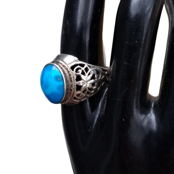 s-l400.jpg Vintage Sterling Silver Filigree Turquoise Cabochon Ring